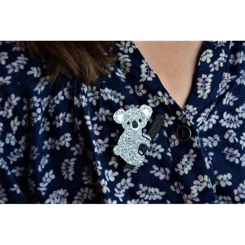 Broche Koala Vintage En Métal Argenté Et Doré Avec Pâte De Verre - Années 80 - Occasion
